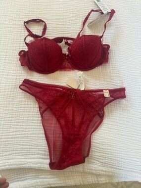 Nordstrom REd Lace Underwire Bra & Sheer Brief Set